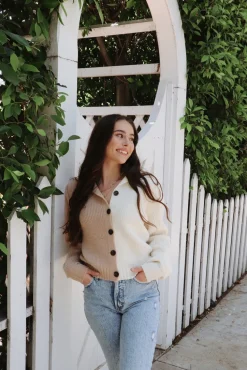 New Pink Martini Amy Button-Up Sweater-Taupe|