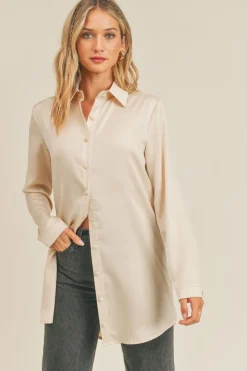 Clearance Sadie & Sage Bianca Satin Long Shirt-Beige|