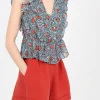 Best The Korner Blue Printed V-Neck Cotton And Silk Top|
