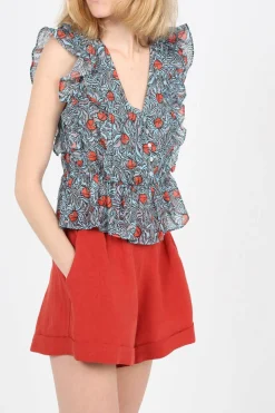 Best The Korner Blue Printed V-Neck Cotton And Silk Top|