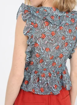 Best The Korner Blue Printed V-Neck Cotton And Silk Top|