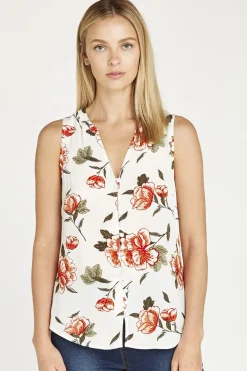 Sale Apricot Floral Button Down Sleeveless Shirt|