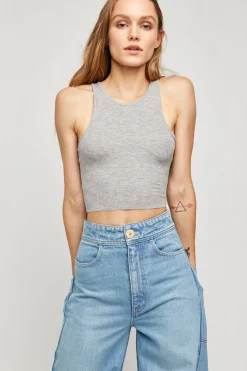 New Free People High Neck Ribbed Crop-Heather Grey|