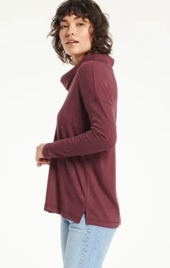 Clearance Z Supply Jaziah Rib Cowl Neck Top-Crimson|