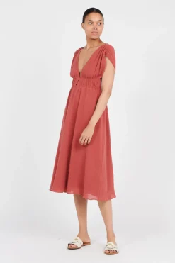 Hot The Korner Linen Midi Dress-Brick|
