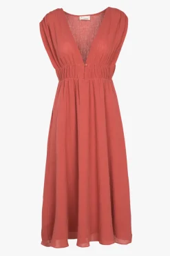 Hot The Korner Linen Midi Dress-Brick|