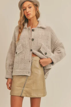 Clearance Sage The Label Lola Plaid Sweater Jacket-Beige Brown|