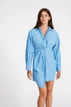 Best BB Dakota by Steve Madden Nadia Stripe Twist Front Long Sleeve Shirtdress-Blue|