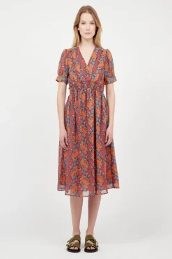 Hot The Korner Orange Short Crepe V-Neck Dress With Floral Print|