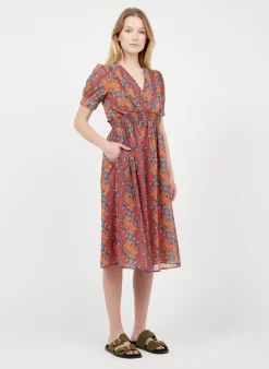 Hot The Korner Orange Short Crepe V-Neck Dress With Floral Print|