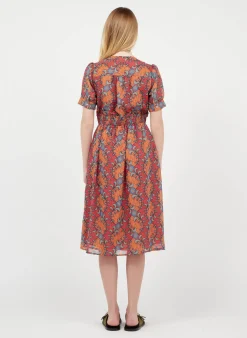 Hot The Korner Orange Short Crepe V-Neck Dress With Floral Print|