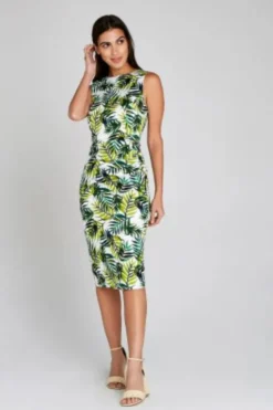 Online Apricot Palm Leaves Ruched Bodycon Dress|