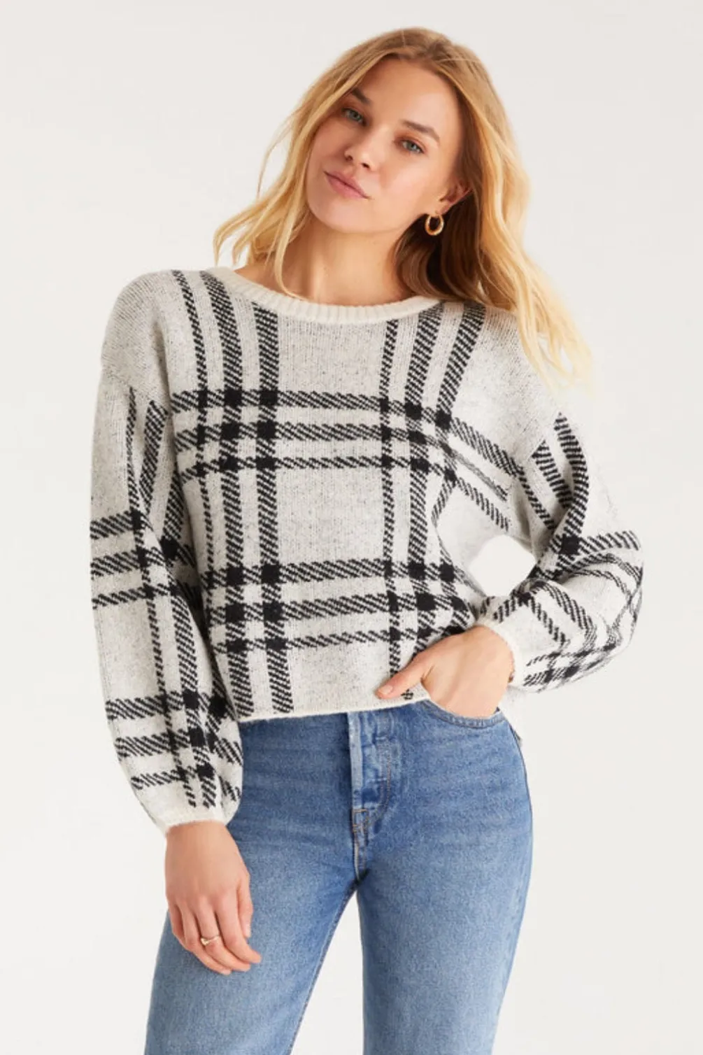 solange_plaid_sweateroatz_SKU8112196c1ea0d429e6768221218a19f3_0.webp New Z Supply Solange Plaid Sweater-Oat|