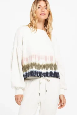 Clearance Z Supply Tempest Stripe Tie-Dye Fleece Pullover-Bone|